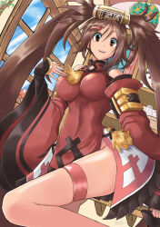 Rule 34 | 1girl, bare shoulders, breasts, brown eyes, brown hair, china dress, chinese clothes, detached sleeves, dress, guilty gear, guilty gear xrd, hair ornament, hairclip, highres, indoors, kuradoberi jam, large breasts, leg up, long hair, looking at viewer, mariebell, open mouth, skin tight, skindentation, skirt, solo, standing, standing on one leg, thigh strap, thighs, wide sleeves, window
