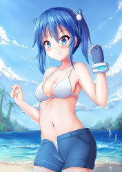 Rule 34 | 1girl, bare arms, bare shoulders, bikini, blue eyes, blue gloves, blue hair, blue shorts, blue sky, blush, breasts, cleavage, closed mouth, cloud, collarbone, commentary request, day, fingerless gloves, gloves, hair ornament, highres, horizon, medium breasts, navel, ocean, open clothes, open fly, open shorts, original, outdoors, palm tree, prophosphere, short shorts, shorts, single glove, sky, smile, solo, swimsuit, tree, two side up, water, wet, white bikini