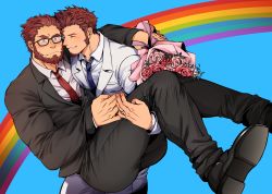 Rule 34 | 2boys, absurdres, alternate costume, aqua background, arm around shoulder, ass, bara, beard, bespectacled, black-framed eyewear, black pants, black suit, blue eyes, blue neckwear, blush, bouquet, brown hair, carrying, closed eyes, collared shirt, commission, couple, dark-skinned male, dark skin, embarrassed, face-to-face, facial hair, fate/grand order, fate (series), flower, flustered, formal, glasses, goatee, grin, highres, holding, holding bouquet, holding hands, holmy (holmesdmode), husband and husband, iskandar (fate), jewelry, large pectorals, lgbt pride, long sideburns, male focus, mature male, multiple boys, muscular, muscular male, napoleon bonaparte (fate), necktie, pants, pectoral docking, pectoral press, pectorals, princess carry, rainbow, raised eyebrows, red hair, red neckwear, ring, second-party source, shirt, short hair, sideburns, smile, suit, thick thighs, thighs, wedding, wedding ring, white suit, yaoi