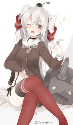 Rule 34 | 10s, 1girl, amatsukaze (kancolle), blush, brown eyes, crossed legs, dress, gloves, twirling hair, kantai collection, lifted by self, long hair, red thighhighs, rensouhou-kun, sailor dress, short dress, silver hair, sino (sionori), sleepy, solo, tears, thighhighs, twintails, twitter username, two side up, wavy mouth, wince