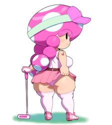 Rule 34 | 1girl, ass, belt, black eyes, braid, breasts, brown belt, closed mouth, clothes lift, eyelashes, from behind, full body, gloves, golf club, hat, highres, large breasts, legs apart, long hair, looking to the side, mario (series), mario golf, nintendo, no nose, panties, pink footwear, pink gloves, pink hair, pink hat, pink panties, pink shirt, pink skirt, pleated skirt, polka dot, shirt, shirt tucked in, shoes, short sleeves, simple background, single glove, skindentation, skirt, skirt lift, smile, sneakers, solid eyes, solo, somescrub, standing, thick thighs, thighhighs, thighs, toadette, twin braids, underwear, visor cap, white background, white gloves, white thighhighs