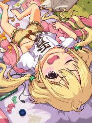 Rule 34 | 1girl, barefoot, blonde hair, bloomers, blush, candy, cellphone, dithering, earbuds, earphones, female focus, food, futaba anzu, idolmaster, idolmaster cinderella girls, lillithlauda, looking at viewer, low twintails, lying, md5 mismatch, on back, one eye closed, open mouth, phone, pixel art, purple eyes, shirt, smartphone, solo, stuffed animal, stuffed rabbit, stuffed toy, sweatdrop, twintails, underwear, white shirt