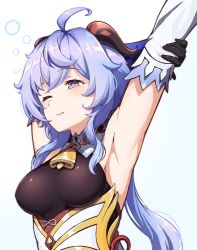 Rule 34 | 1girl, ahoge, arm over head, armpits, arms up, bell, blue hair, blush, breasts, curled horns, detached sleeves, ganyu (genshin impact), genshin impact, gold trim, highres, horns, hyoe (hachiechi), long hair, low ponytail, medium breasts, multicolored eyes, neck bell, one eye closed, sideboob, sidelocks, solo, upper body, waking up, white background, white sleeves