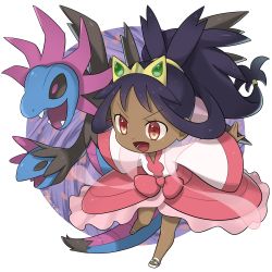 Rule 34 | 1girl, :d, absurdres, aki yamane, black hair, bow, chibi, commentary request, creatures (company), dark-skinned female, dark skin, dress, eyelashes, game freak, gen 5 pokemon, hair rings, hair tie, highres, hydreigon, iris (pokemon), long hair, long sleeves, lower teeth only, nintendo, open mouth, outstretched arms, pink bow, pokemon, pokemon (creature), pokemon bw2, ponytail, red eyes, shoes, smile, teeth, tongue, white footwear, wide sleeves