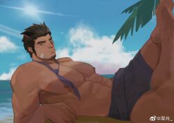 Rule 34 | 1boy, abs, animal ears, bandaid, bandaid on cheek, bandaid on face, bara, beach, blue sky, bright pupils, cat ears, come hither, facial hair, feet out of frame, foot up, forked eyebrows, from side, goatee, grey male swimwear, highres, kasoo, large pectorals, lixiao6342, long sideburns, looking at viewer, loose necktie, lying, male focus, male swimwear, mature male, muscular, muscular male, necktie, nipples, on back, original, pectorals, purple necktie, short hair, sideburns, sky, smile, solo, stomach, swim trunks, thick eyebrows, topless male