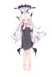 Rule 34 | 1girl, absurdres, ahoge, alternate costume, arm behind head, bare legs, barefoot, black dress, black pajamas, blue archive, collarbone, commentary request, demon girl, demon horns, demon wings, dress, forehead, full body, halo, hand up, highres, hina (blue archive), horns, long hair, looking at viewer, pajamas, parted bangs, purple eyes, see-through, see-through dress, short sleeves, sidelocks, simple background, solo, standing, sword, toes, wakizashi, wavy hair, weapon, white background, white hair, whitemaus, wings