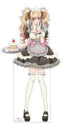 Rule 34 | 1girl, absurdres, alternate costume, apron, artist request, blonde hair, blush, breasts, cake, cake slice, cream, dress, ear piercing, finger to mouth, food, fruit, full body, highres, kitagawa marin, large breasts, looking at viewer, maid, maid headdress, official art, piercing, red eyes, shoes, shushing, skirt, sono bisque doll wa koi wo suru, source request, square enix, strawberry, thighhighs, tray, twintails, white background, white thighhighs