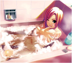 Rule 34 | 1girl, ;p, bath, bathtub, breasts, censored, convenient censoring, green eyes, highres, koutaro, medium breasts, navel, nude, one eye closed, outstretched hand, pink hair, rio rollins, scan, short hair, soap bubbles, soap censor, solo, steam, super blackjack, tongue, tongue out, wink