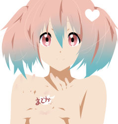 Rule 34 | 1girl, completely nude, gradient hair, heart, heart hands, highres, k-on!, kaname madoka, mahou shoujo madoka magica, mahou shoujo madoka magica (anime), miyukicat, multicolored hair, nude, parody, pink eyes, smile, solo, style parody, twintails