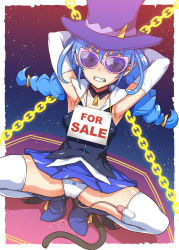 Rule 34 | 1girl, ankle boots, armpits, arms behind head, black shirt, blue cat (precure), blue footwear, blue hair, blue skirt, blush, boots, bound, bound wrists, braid, breasts, cat tail, chain, cleavage, clenched teeth, covered erect nipples, denki showgun, detached collar, dutch angle, elbow gloves, glaring, gloves, hat, highres, long hair, looking at viewer, medium breasts, miniskirt, panties, pink-framed eyewear, pleated skirt, pointy ears, precure, purple-tinted eyewear, purple hat, pussy juice, pussy juice drip through clothes, pussy juice puddle, restrained, scowl, sex toy, shirt, sign, sign around neck, skirt, solo, spread legs, squatting, star twinkle precure, sunglasses, tail, teeth, thighhighs, tinted eyewear, top hat, twin braids, twintails, underwear, v-neck, vibrator, vibrator in thighhighs, vibrator under clothes, vibrator under panties, white gloves, white panties, white thighhighs, yuni (precure)