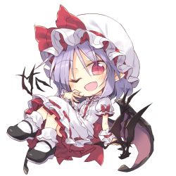 Rule 34 | 1girl, bat (animal), bat wings, blush, bow, chibi, crossed legs, fangs, frills, full body, hat, hat bow, light purple hair, looking at viewer, low wings, mob cap, pointy ears, puffy short sleeves, puffy sleeves, red eyes, remilia scarlet, satou kibi, shoes, short hair, short sleeves, simple background, sitting, skirt, skirt set, slit pupils, socks, solo, touhou, white background, wings, wrist cuffs