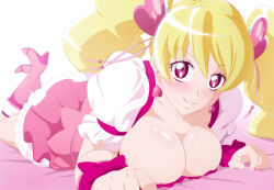 Rule 34 | 1girl, blonde hair, boots, breasts, cleavage, closed mouth, collarbone, cure peach, earrings, fresh precure!, fuchi (nightmare), hair ornament, heart, heart earrings, heart hair ornament, high heel boots, high heels, jewelry, knee boots, large breasts, light blush, long hair, looking at viewer, lying, magical girl, momozono love, on stomach, pink eyes, pink footwear, precure, puffy short sleeves, puffy sleeves, short sleeves, smile, solo, twintails