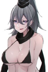 Rule 34 | 1girl, :d, absurdres, alternate breast size, bad id, bad pixiv id, bare shoulders, bikini, black bikini, black hat, black scarf, breasts, commentary request, fang, grey hair, hair between eyes, hat, highres, large breasts, long hair, looking at viewer, migata, mononobe no futo, open mouth, ponytail, purple eyes, scarf, sidelocks, simple background, smile, solo, swimsuit, tate eboshi, touhou, upper body, v-shaped eyebrows, white background