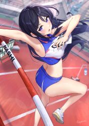 Rule 34 | 1girl, absurdres, arm up, armpits, artist name, black hair, bleachers, blue buruma, blue sports bra, blurry, blurry background, blush, buruma, cleats, flying sweatdrops, foot out of frame, glint, hamanashi (trapiorra), high jump, highres, horizontal bar, hurdle, jumping, lens flare, light rays, long hair, looking at viewer, looking back, motion blur, open mouth, original, outdoors, purple eyes, running track, safety pin, scoreboard, shoes, sign, signature, sneakers, solo, sports bra, sunbeam, sunlight, sweat, thighs, track and field, track uniform, two-tone sports bra