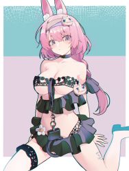 Rule 34 | absurdres, alternate costume, animal ear fluff, animal ears, braid, braided ponytail, breasts, closed mouth, cuffs, hairband, handcuffs, high heels, highres, kugikara, large breasts, long hair, looking at viewer, pink hair, priscilla (rune factory), purple eyes, rabbit ears, rune factory, rune factory 5, skirt, solo