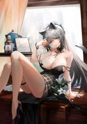 Rule 34 | 1girl, alternate costume, animal ears, arknights, bare legs, black choker, black dress, black footwear, breasts, cat ears, cat tail, ceylon (arknights), choker, cleavage, commentary, cup, dress, gloves, hand up, high heels, holding, holding cup, indoors, kettle, large breasts, long hair, looking at viewer, picture frame, ponytail, pouring, pouring onto self, rhodes island logo (arknights), schwarz (arknights), silver hair, solo, spaghetti strap, strap slip, tail, thigh strap, thighs, very long hair, white gloves, yellow eyes, yunlingluo