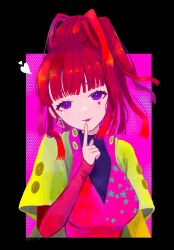 Rule 34 | 1girl, blunt bangs, earrings, gnosia, heart, heart earrings, heart tattoo, high ponytail, highres, io (10 io lo), jewelry, long hair, long sleeves, looking at viewer, nail polish, purple eyes, red hair, smile, solo, sq (gnosia), tattoo, upper body