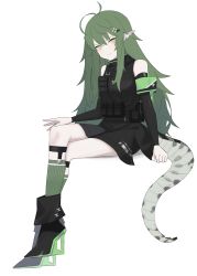 Rule 34 | 1girl, a iri a, absurdres, antenna hair, arknights, armband, bad id, bad pixiv id, bare shoulders, belt, belt pouch, black dress, boots, closed mouth, crocodilian tail, crossed legs, detached sleeves, dress, full body, gavial (arknights), green hair, green socks, high heel boots, high heels, highres, invisible chair, kneehighs, long hair, long sleeves, looking at viewer, pointy ears, pouch, simple background, sitting, socks, solo, tail, very long hair, white background, yellow eyes