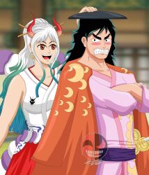 Rule 34 | 1boy, 1girl, absurdres, angry, artist name, black hair, blush, crossed arms, earrings, highres, horns, japanese clothes, jewelry, johnrap016, kouzuki momonosuke, long hair, multicolored hair, one piece, oni horns, open mouth, signature, smile, yamato (one piece)