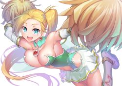 Rule 34 | 1girl, armpits, bare shoulders, blonde hair, boots, breasts, butt crack, calamity jane (fate), calamity jane (third ascension) (fate), center opening, cheerleader, cleavage, detached collar, earrings, elbow gloves, facial mark, facial tattoo, fate/grand order, fate (series), forehead, gloves, green eyes, green leotard, highleg, highleg leotard, highres, hoop earrings, jewelry, knee boots, large breasts, leotard, long hair, looking at viewer, miniskirt, navel, necklace, ono misao, open mouth, parted bangs, pendant, pom pom (cheerleading), side ponytail, skirt, smile, solo, star (symbol), star facial mark, star tattoo, tattoo, white footwear, white gloves, white skirt