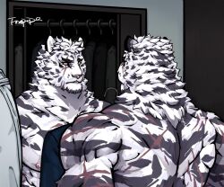 Rule 34 | 1boy, animal ears, arknights, bara, blue563619, closet, facial hair, furry, furry male, goatee, highres, large pectorals, looking at mirror, male focus, mirror, mountain (arknights), multiple views, muscular, muscular male, nude, pectorals, reflection, scar, scar across eye, scar on back, short hair, signature, thick eyebrows, tiger boy, tiger ears, translation request, upper body, white hair