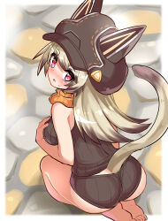 Rule 34 | animal ears, animal hat, ass, barefoot, black hair, black hat, black panties, black shirt, blush, cabbie hat, cat ears, cat girl, cat hat, cat tail, commentary, cougar (cougar1404), from above, grabbing own breast, gradient hair, grey hair, hat, key (cougar1404), kneeling, long hair, looking at viewer, looking back, multicolored hair, on ground, open mouth, orange scarf, original, panties, red eyes, ribbed panties, ribbed shirt, scarf, shirt, sleeveless, sleeveless shirt, streaked hair, sweatdrop, tail, underwear