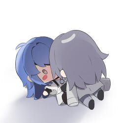 Rule 34 | 2girls, bandaged arm, bandages, black bandages, blue hair, blush stickers, chibi, chief (path to nowhere), coat, coat on shoulders, commentary request, earrings, eyepatch, female chief (path to nowhere), grey coat, grey eyes, hecate (path to nowhere), highres, jewelry, korean commentary, long hair, multiple girls, one eye covered, path to nowhere, sappazell, shadow, shirt, simple background, skirt, solo, white background, white shirt, white skirt