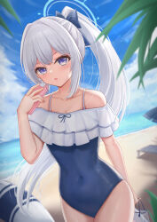 Rule 34 | 1girl, bag, bare shoulders, blue archive, blue bow, blue one-piece swimsuit, blue sky, blurry, blurry background, blush, bow, breasts, cellphone, cleavage, cloud, commentary request, covered navel, day, depth of field, frilled one-piece swimsuit, frills, grey hair, hair bow, hand up, highres, holding, holding bag, holding phone, horizon, long hair, miyako (blue archive), miyako (swimsuit) (blue archive), nezumi (09261377), ocean, off-shoulder one-piece swimsuit, off shoulder, one-piece swimsuit, outdoors, phone, plastic bag, ponytail, purple eyes, sidelocks, sky, small breasts, solo, swimsuit, transparent, very long hair