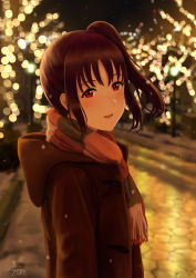 Rule 34 | 1girl, bad id, bad pixiv id, blurry, bokeh, coat, commentary request, depth of field, from side, highres, hood, hood down, hooded coat, kazuno sarah, long sleeves, love live!, love live! sunshine!!, night, open mouth, outdoors, papi (papiron100), purple eyes, scarf, side ponytail, sidelocks, signature, smile, snowing, solo, upper body, winter clothes
