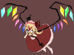 Rule 34 | 1girl, 2021, artist request, blonde hair, blush, colored eyelashes, death-420, dress, closed eyes, fangs, fingernails, flandre scarlet, flying, heart, heart in mouth, highres, holding, holding weapon, nail polish, open mouth, pink footwear, red background, red dress, red nails, sharp fingernails, socks, solo, tagme, touhou, vampire, weapon, wings