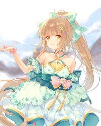 Rule 34 | 1girl, bare shoulders, bow, brown eyes, choker, closed mouth, cloud, collarbone, commentary request, criss-cross halter, day, dress, floral print, flower, flower bracelet, green bow, green choker, green dress, hair bow, halterneck, hand up, high ponytail, idolmaster, idolmaster cinderella girls, light brown hair, long hair, outdoors, petals, pf, pink flower, pleated dress, ponytail, print bow, smile, solo, very long hair, white background, yorita yoshino