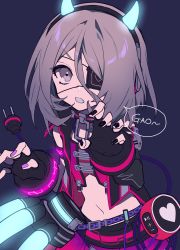 Rule 34 | 1girl, black gloves, black nails, blue background, claw pose, commentary request, crop top, elbow gloves, eyepatch, fang, fingernails, gao, gloves, glowing, grey eyes, grey hair, hairband, hayasaka mirei, heart, highres, horns, idolmaster, idolmaster cinderella girls, looking at viewer, midriff, mochizuki kei, nail polish, navel, open mouth, short hair, simple background, skirt, solo, speech bubble, v-shaped eyebrows