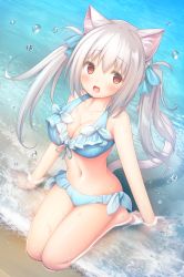 Rule 34 | 1girl, :d, animal ear fluff, animal ears, bad id, bad pixiv id, bare arms, bare shoulders, bikini, blue bikini, blue bow, blush, bow, breasts, brown eyes, cat ears, cat girl, cat tail, cleavage, collarbone, day, frilled bikini, frills, front-tie bikini top, front-tie top, hair between eyes, hair bow, long hair, looking at viewer, medium breasts, murano, navel, open mouth, original, outdoors, seiza, shallow water, silver hair, sitting, smile, solo, swimsuit, tail, twintails, very long hair, water, water drop