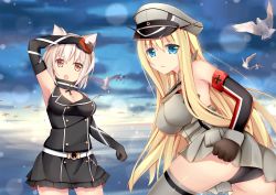 Rule 34 | 10s, 2girls, :o, albino, animal, animal ears, arm up, armband, armpits, arms up, ass, belt, bird, bismarck (kancolle), bismarck (warship girls r), black dress, black gloves, black panties, blonde hair, blue eyes, blue sky, breasts, buckle, buttons, cat ears, chain, chestnut mouth, cleavage, clenched hand, cloud, cowboy shot, cross, crossover, day, double-breasted, dress, eyebrows, frills, gloves, grey legwear, hair between eyes, hat, highres, historical name connection, iron cross, jyt, kantai collection, large breasts, long hair, looking at viewer, looking back, military, military hat, military uniform, multiple girls, name connection, ocean, open mouth, orange eyes, outdoors, panties, parted lips, peaked cap, pointy hair, remodel (warship girls r), seagull, short hair, silver hair, sky, sleeveless, sleeveless dress, thighhighs, underwear, uniform, upskirt, very long hair, warship girls r