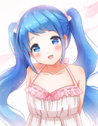 Rule 34 | 10s, 1girl, :d, alternate hairstyle, arms behind back, bare shoulders, blue eyes, blue hair, blush, bow, collarbone, dress, hair ribbon, hair up, halterneck, head tilt, highres, kantai collection, long hair, looking at viewer, matching hair/eyes, nanairo fuuka, open mouth, pink bow, pink ribbon, ribbon, ribbon-trimmed dress, ribbon trim, samidare (kancolle), sleeveless, sleeveless dress, smile, solo, strap, twintails, upper body