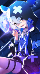Rule 34 | 1girl, amane kanata, amane kanata (punk rock), bad kim, black jacket, blue eyes, blue hair, blue nails, blurry, blush, character print, commentary, crossed bangs, depth of field, grey hair, hair between eyes, hand in pocket, hand up, heart o-ring, highres, hololive, hood, hood up, hooded jacket, jacket, long hair, long sleeves, looking at viewer, multicolored hair, open clothes, open jacket, open mouth, phone wallpaper, self character print, shirt, smile, solo, streaked hair, symbol-only commentary, teeth, thigh strap, virtual youtuber, wallpaper, white shirt