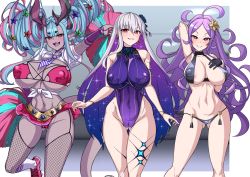 Rule 34 | 3girls, ahoge, areola slip, bare shoulders, belt, bikini, black bikini, black gloves, blue hair, blue one-piece swimsuit, blush, body markings, bracelet, breasts, cameltoe, cheerleader, choker, cleavage, cleft of venus, collarbone, collared shirt, colored skin, covered erect nipples, covered navel, detached sleeves, double bun, earrings, fate/grand order, fate (series), fishnet thighhighs, fishnets, flower, forehead, gloves, gluteal fold, grey skin, grin, hair between eyes, hair bun, hair flower, hair ornament, hair ribbon, half gloves, highleg, highleg swimsuit, highres, holding, holding pom poms, hoop earrings, horns, ibuki douji (fate), ibuki douji (swimsuit berserker) (fate), ibuki douji (swimsuit berserker) (second ascension) (fate), jewelry, kama (fate), kama (swimsuit avenger) (fate), kama (swimsuit avenger) (third ascension) (fate), kneehighs, large breasts, legs, long hair, looking at viewer, lotus, miniskirt, multicolored hair, multiple girls, muta poo, navel, necktie, one-piece swimsuit, oni, oni horns, open mouth, parted bangs, pink bikini, pink footwear, pink hair, pink skirt, pleated skirt, pointy ears, pom pom (cheerleading), pom poms, ponytail, purple eyes, purple hair, red eyes, ribbed swimsuit, ribbon, shirt, shoes, short sleeves, sidelocks, skirt, smile, sneakers, socks, star (symbol), star earrings, star hair ornament, swimsuit, tail, thighhighs, thighs, tied shirt, two-tone hair, very long hair, white hair, white shirt, white socks, wu zetian (fate), wu zetian (swimsuit caster) (fate), wu zetian (swimsuit caster) (third ascension) (fate)