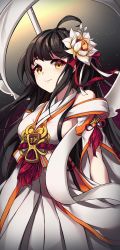 Rule 34 | 1girl, absurdres, ahoge, apsara (elsword), ara haan, bare shoulders, black hair, blush, breasts, chun nam, closed mouth, commentary, detached sleeves, dress, elsword, flower, hair between eyes, hair flower, hair ornament, highres, long hair, looking at viewer, medium breasts, orange eyes, polearm, sideboob, sidelocks, smile, solo, spear, symbol-only commentary, upper body, very long hair, weapon, white dress, white flower, white sleeves, wide sleeves
