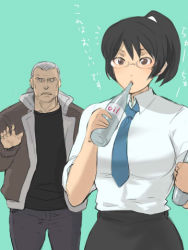 Rule 34 | 1boy, 1girl, android, bad id, bad pixiv id, batou (gits), black hair, bottle, creator connection, crossover, cyborg, drinking, ghost in the shell, glasses, holon, lowres, necktie, oil, ponytail, real drive, sabata yuki, short hair, sleeves rolled up, tori (driftwood)