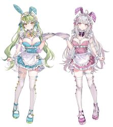 Rule 34 | 2girls, ahoge, animal ears, apron, blue dress, blush, bow, bowtie, breasts, chest harness, closed mouth, detached collar, dress, fake animal ears, frilled apron, frilled dress, frilled hairband, frills, full body, green hair, grey hair, hair ornament, hairband, harness, highres, hiyori (momoko), holding, holding tray, large breasts, long hair, momoko (momopoco), multiple girls, orange eyes, original, parted lips, pink dress, pink eyes, rabbit ears, rabbit hair ornament, shoes, simple background, thigh strap, thighhighs, tray, twintails, very long hair, white background, white thighhighs, wrist cuffs, x hair ornament, yukari (momoko)