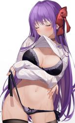 Rule 34 | 1girl, absurdres, arms under breasts, bb (fate), bb (fate/extra), black bra, black panties, black thighhighs, blush, bra, breasts, choker, cleavage, closed eyes, clothes in mouth, clothes lift, collarbone, fate/grand order, fate (series), gluteal fold, gradient background, hair ribbon, highres, large breasts, lingerie, long hair, long sleeves, mouth hold, navel, panties, purple hair, red ribbon, revision, ribbon, shirt in mouth, side-tie panties, simple background, solo, standing, stomach, sweater, sweater lift, thighhighs, underwear, wet, xretakex
