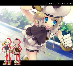 Rule 34 | 1girl, blonde hair, blue eyes, clenched hand, gloves, hand on headwear, hat, letterboxed, long hair, open mouth, pixiv fantasia, pixiv fantasia 3, rugo, running, solo, twintails, white gloves