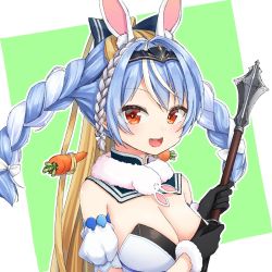 Rule 34 | 1girl, animal ear fluff, animal ears, armband, black gloves, blonde hair, blue hair, bow, braid, breasts, carrot, carrot hair ornament, circlet, cleavage, extra ears, food-themed hair ornament, fusion, gloves, gold trim, green background, hair bow, hair ornament, highres, holding, holding weapon, hololive, large breasts, long braid, long hair, looking at viewer, mace, multicolored hair, nazu sawa, open mouth, orange eyes, ponytail, rabbit ears, rabbit girl, shiranui flare, shirogane noel, smile, solo, symbol-shaped pupils, teeth, tongue, twin braids, upper teeth only, usada pekora, usada pekora (1st costume), virtual youtuber, weapon, white hair