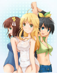 Rule 34 | 3girls, ahoge, amami haruka, armpits, arms up, bad id, bad pixiv id, bikini, black hair, blonde hair, breasts, brown hair, cleavage, earrings, flower, front-tie top, ganaha hibiki, hair flower, hair ornament, hair ribbon, highres, hoop earrings, hoshii miki, idolmaster, idolmaster (classic), jewelry, large breasts, long hair, medium breasts, multiple girls, navel, one-piece swimsuit, outstretched arms, ovo, ponytail, ribbon, school swimsuit, shirt, short shorts, shorts, side-tie bikini bottom, swimsuit, taut clothes, taut shirt, tied shirt, white school swimsuit, white one-piece swimsuit