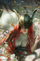 Rule 34 | 1girl, ass, breasts, closed mouth, covered eyes, dress, elden ring, fantasy, flower, helmet, lips, long hair, looking at viewer, malenia blade of miquella, mechanical arms, olesyaspitz, prosthesis, prosthetic arm, red hair, simple background, single mechanical arm, solo, sundress, very long hair, winged helmet