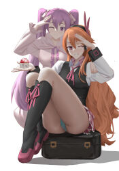 Rule 34 | 2girls, absurdres, akame ga kill!, artist request, ass, bag, blush, boots, cake, chelsea (akame ga kill!), dress, food, hair ribbon, hand on another&#039;s shoulder, headband, highres, holding, holding food, long hair, looking at viewer, mine (akame ga kill!), multiple girls, one eye closed, orange hair, panties, pink eyes, pink hair, red eyes, ribbon, shirt, sitting, skirt, smile, twintails, underwear, white background