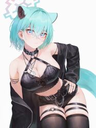 Rule 34 | 1girl, animal ears, belt, black belt, black jacket, black nails, black shorts, black thighhighs, blue archive, breasts, cleavage, closed mouth, extra ears, fingernails, flippy (cripine111), green hair, green halo, hair between eyes, halo, highres, jacket, large breasts, long sleeves, looking at viewer, medium hair, nail polish, open clothes, open jacket, purple eyes, shigure (blue archive), shorts, solo, tail, thighhighs, weasel ears, weasel tail