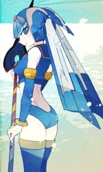 Rule 34 | 1girl, aqua background, ass, blue buruma, blue eyes, blue shirt, blue sleeves, blue thighhighs, bodystocking, breasts, buruma, closed mouth, crop top, detached sleeves, female focus, from behind, hand up, happy, helmet, highres, holding, holding polearm, holding spear, holding weapon, idkuroi, fairy leviathan (mega man), looking at viewer, looking back, medium breasts, mega man (series), mega man zero (series), polearm, shirt, sideways mouth, sleeveless, sleeveless shirt, smile, solo, spear, standing, thighhighs, weapon