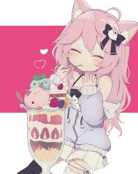 Rule 34 | 1girl, ahoge, animal ear legwear, animal ears, bare shoulders, black bow, blue hoodie, blueberry, bow, cake, cake slice, cat ear legwear, cat ears, cat girl, cat hair ornament, closed eyes, collarbone, commentary, commission, cowboy shot, eating, eyepatch, food, fruit, ghost tail, hair between eyes, hair bow, hair ornament, heart, heart eyepatch, highres, holding, holding spoon, hood, hoodie, ice cream spoon, light blush, long hair, mint, no1shyv, nyatasha nyanners, nyatasha nyanners (1st costume), off shoulder, parfait, pink background, pink hair, pom pom (clothes), sitting, skeb commission, solo, spoon, strawberry, thigh strap, thighhighs, two-tone background, utensil in mouth, virtual youtuber, vshojo, white background, zipper, zipper pull tab