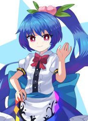Rule 34 | 1girl, blue hair, blush, dress, food, fruit, fruit hair ornament, hand on own hip, hand up, hinanawi tenshi, long hair, peach, pink eyes, plus2sf, ponytail, short sleeves, smile, solo, touhou, very long hair